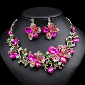 ZC071 Fashion Flower Jewelry Set Women Luxury Crystal Necklace Earrings Set Wedding Jewelry Set