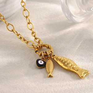 Collier à breloques en plaqué or Dreamidea Fish & Evil Eye Symbole protecteur Design avec double pendentifs en forme de poisson Bijoux tendance 2025 - Product Image 2