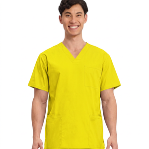 เสื้อสครับคอวีสีเทาสำหรับผู้ชาย ผ้าฝ้ายผสมโพลีเอสเตอร์ ทอเนื้อผ้าอย่างดี ชุดยูนิฟอร์มโรงพยาบาล แขนสั้น มีกระเป๋า - Product Image 4