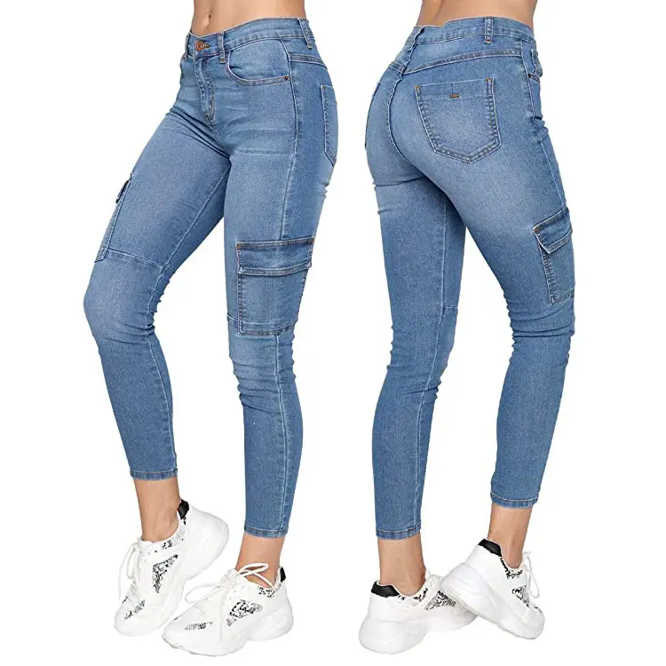 Custom High Quality Women's Jeans Side Pocket Blue Stretchy Skinny Girl Cargo Denim Pants Ripped Jeans