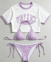 Set Bikini 3 Potong Wanita dengan Kaos Lengan Pendek Bermotif, Pakaian Pantai, Baju Renang, Pakaian Renang Liburan Musim Panas untuk Wanita
