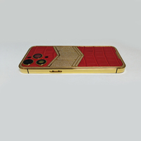 Pour iPhone 15 Series, plaque arrière et lunette de luxe plaquées or sous vide, motif crocodile en cuir de vachette, avec boîtier de téléphone en zircon