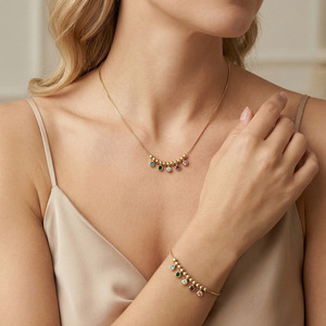 Ball <b>Bead</b> <b>Bracelet</b> With Multicolor Zircon Stones 18K Gold Plated Women's Jewelry set Gift Classic Stainless Steel Necklace - Product Image 4