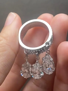 Bague de fiançailles de luxe en or blanc 14 carats avec diamant de laboratoire triple poire 1 carat, sertie pavé, bijou de mariée imposant - Product Image 3