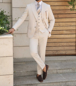 Abito da <span class=keywords><strong>uomo</strong></span> <span class=keywords><strong>Beige</strong></span> 3 pezzi giacca pantaloni con risvolto a punta 2 bottoni smoking da sposa abiti da lavoro formali da lavoro - Product Image 2
