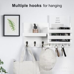 Wooden Minimalist Wall Mounted Storage Rack With <b>Hooks</b> And <b>Shelf</b> For Mail Key Organizer Home Entryway Decor - Product Image 3