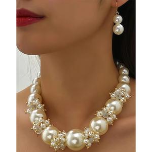 Juego de Collar y Pendientes de Perlas Grandes Joyería Nupcial para Mujer Collar de Cuentas de Cristal <span class=keywords><strong>Vintage</strong></span> y Lujoso - Product Image 3