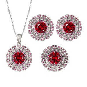 Elegant Fashion Eco-friendly Copper Silver Plated Round Cut 14-10mm Red Zircon Imitation <b>Ruby</b> <b>Necklace</b> 3 Piece Jewelry Set - Product Image 1