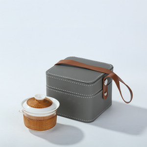 Handmade Bamboo Weaving Travel Tea Set Ceramic Gaiwan Portable <b>Teacup</b> One Teapot Two Cups For Outdoor Travel - Product Image 1