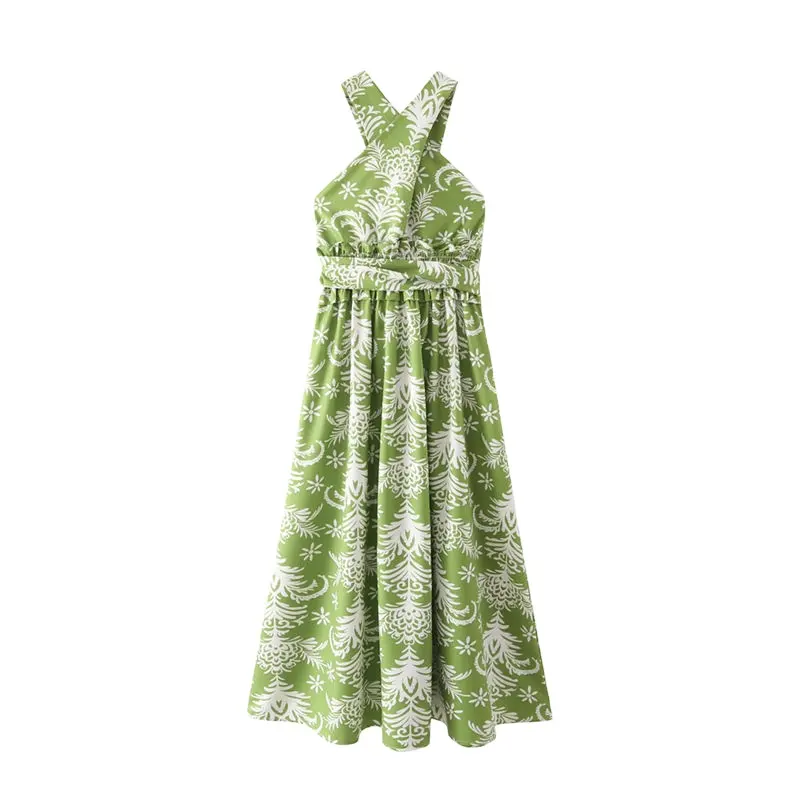 Wholesale sexy straps cross cutout design green tropical flower print dress women's summer casual dress