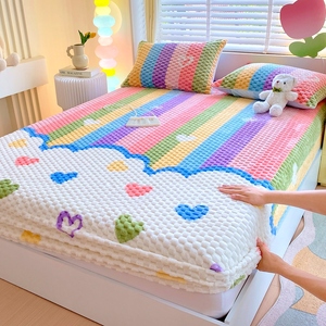 2026 New Cute Rainbow Heart Bubble <strong>Fleece</strong> <strong>Fitted</strong> <strong>Sheet</strong> Set Soft Warm Non-Slip Bed <strong>Sheet</strong> with Pillowcases for Kids Bedroom Winter - Product Image 4