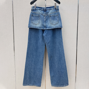 Vente en gros Personnalisé 26SS Pantalon en jean pour femme, design faux deux-pièces avec jupe cousue, coupe droite, pour usage quotidien décontracté - Product Image 2