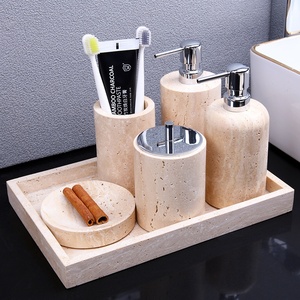 Hot <b>Sale</b> Free Combination Nature Marble Beige Travertine Stone Bathroom Toiletries Set Wabi Sabi Bathroom Amenities Kit - Product Image 2