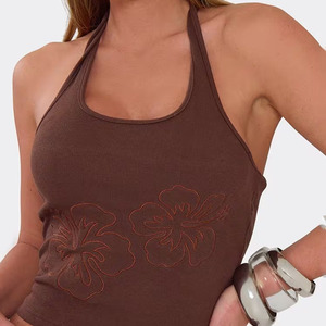 High-quality fashionable summer casual brown backless embroidered halter <b>top</b> custom ribbed <b>crop</b> <b>tops</b> - Product Image 4