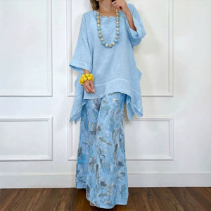 Women's Casual Cotton <b>Linen</b> Irregular Top And Wide Leg Pants <b>Set</b> Floral Print Smlxlxxlxxxl Europe America Style - Product Image 2