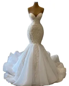 Sexy Schatz Meerjungfrau Afrikanische Brautkleider 2022 Luxus Perlens tickerei Frauen Weiß Organza Braut Brautkleider