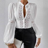Chemisier à col montant uni à manches longues lanternes et patchwork de dentelle à sequins pour femmes grandes tailles, collection Printemps, vente en gros