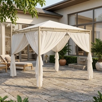 Pavillon Pop-Up de Luxe Moderne avec Toit en Tissu, Structure en Bois et Acier Thermolaqué, Rideaux et Filets de Protection, pour Jardins