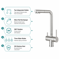Robinet à 3 voies en acier inoxydable à double poignée, robinet d'eau pure pour évier de cuisine, mitigeur en céramique, design moderne