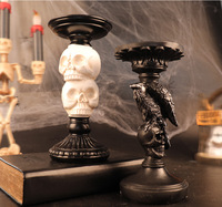 2026 New Halloween Skull Candlestick Holder Resin Raven Gothic Candle Stand Dark Academia Home Decor Tabletop Figurine Ornament