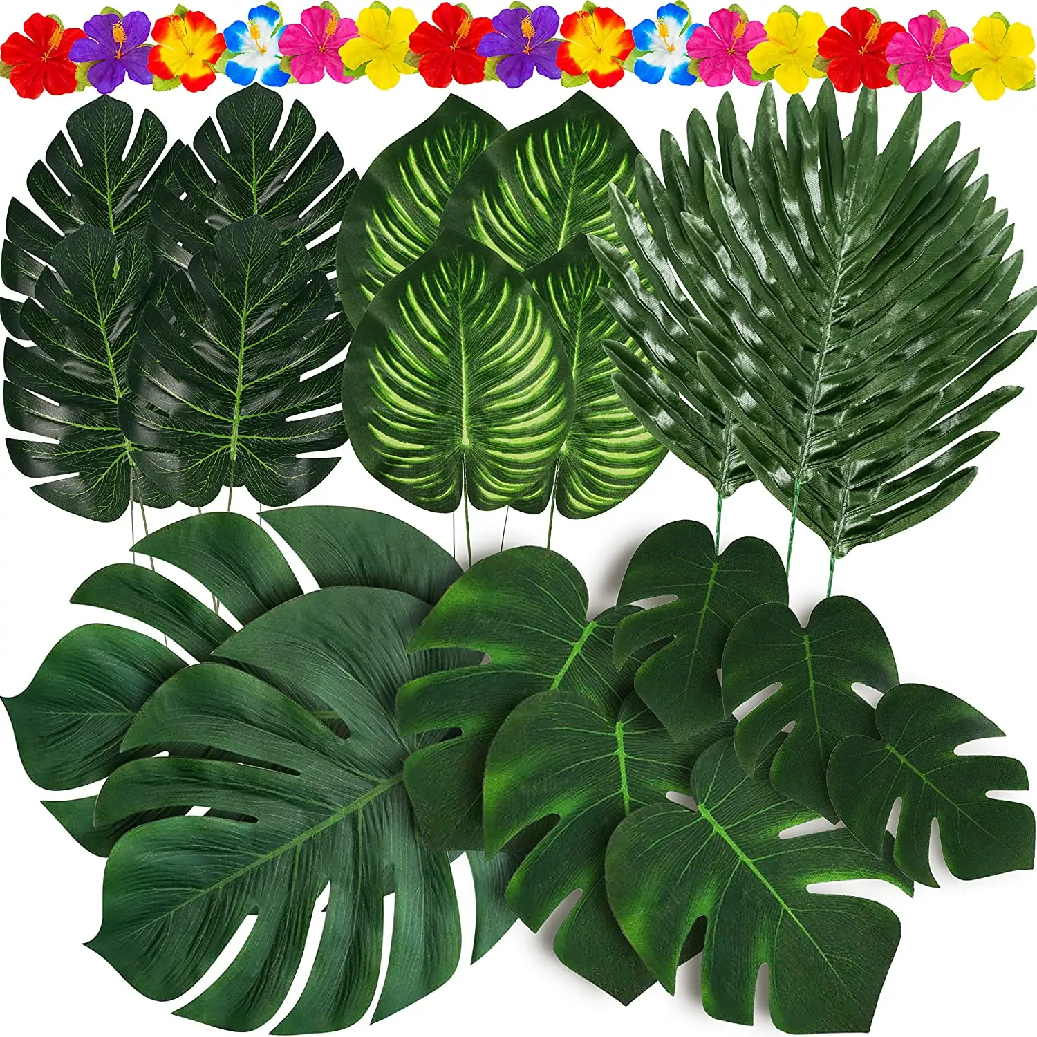 120PCS उष्णकटिबंधीय हथेली पत्तियां पौधों हिबिस्कुस हवाई जाल के लिए कृत्रिम ग्रीन नकली पत्ता सफारी जंगल पार्टी मेज सजावट