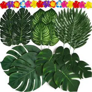 120PCS Tropical Palm Leaves Plants Hibiscus Artificial Green Fake Leaf for Hawaiian Luau Safari Jungle Party Table Decorations