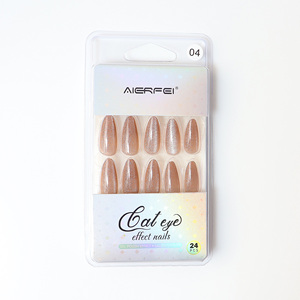 AIERFEI grandi punte unghie finte a mandorla lunghe Nude marrone occhio di gatto stampa sulle unghie OEM Private Label Glitter Stick on Nails Collection - Product Image 5