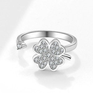 Anillo Abierto de Trébol de Cuatro Hojas al por Mayor de Fábrica, con Microincrustaciones de Zirconia, de Cobre, Giratorio, Joyería Antiestrés para Oficina para Mujer - Product Image 4