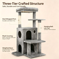 Arbre à chat pour petit appartement, gain de place, anti-basculement, 3 niveaux, base en bois massif gris, griffoirs en sisal naturel