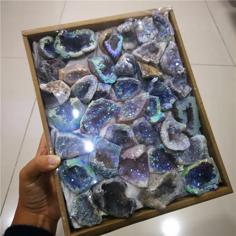 Оптовая продажа, гальванический бразильский Агат, жеодовый натуральный кристалл, лечебный камень