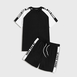 Hombres Colorblock Letter Top & Drawstring Waist Shorts Set Venta al por mayor Moq Will Be 80sets One Color - Product Image 3