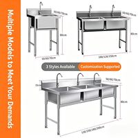Wastafel Dapur Komersial 3 Kompartemen Baja Anti Karat 300kg/m Beban Tahan Lama, Finishing Matte, Anti Selip, Dilengkapi Backsplash