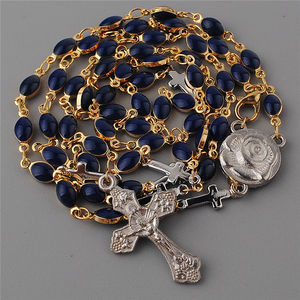 Mini connettore croce medaglia e blu scuro 14K oro reale placcato perline con catena di rame rosario Catholic collane per regali - Product Image 3