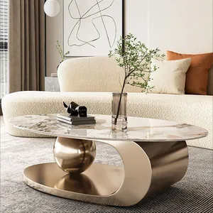 Mármore de aço inoxidável, design da moda, à prova d' água, uso externo, moderno, bola redonda, dourada, em aço inoxidável, mesa de café oval