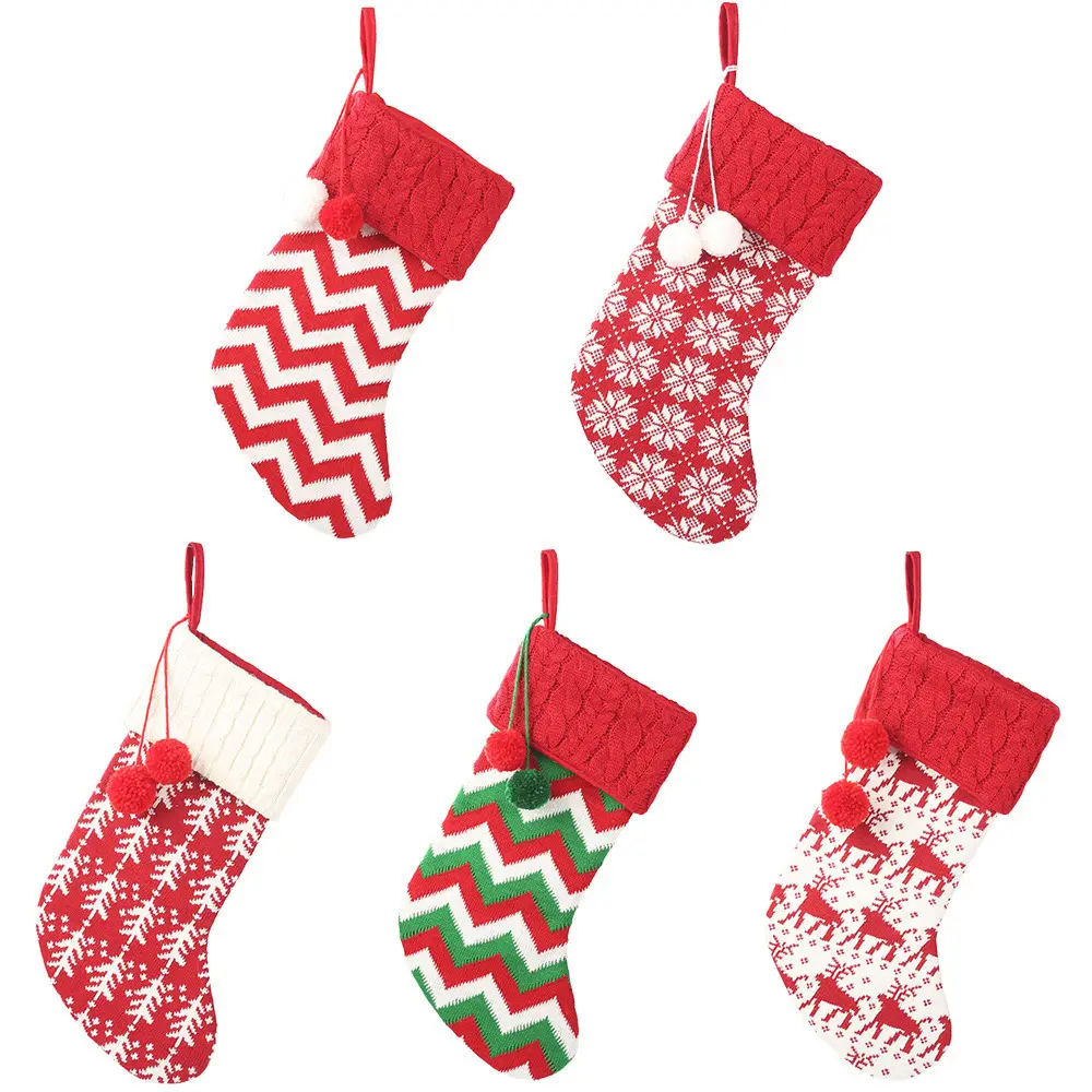 Custom Knitted Christmas Stocking Red Stripe Christmas Stocking Socks For Christmas Decoration Party Supplies