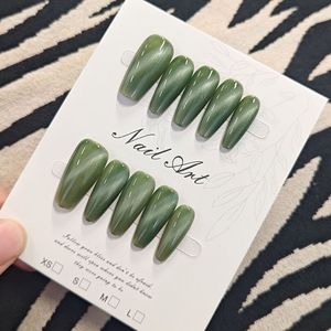 10 faux <span class=keywords><strong>ongles</strong></span> longs en forme de cercueil, <span class=keywords><strong>vert</strong></span> <span class=keywords><strong>olive</strong></span>, effet œil de chat, brillants, amovibles et réutilisables, en acrylique, pour femmes - Product Image 2