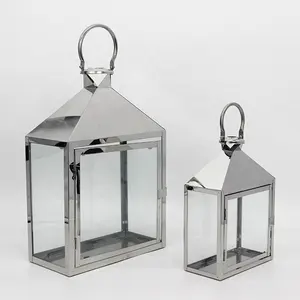 Wedding Luxury Sliver Square Glass Stainless Steel Holder Metal Candle Lanterns For LED Pillar Candle