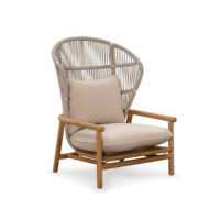 Fauteuil d'extérieur moderne en teck à dossier haut, canapé en bois massif pour hôtel, ensemble de chaises longues en corde tressée pour terrasse, écologique et durable pour cour.