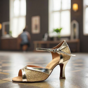 Lady Gold Latin Dance Shoes Salsa Wedding Shoes S-31 Soft Lace-up Style avec paillettes en cuir véritable et doublure en coton - Product Image 4