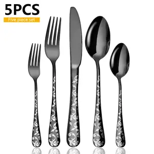 5 pcs餐具勺子叉刀套装不锈钢金色黑色餐具带花柄