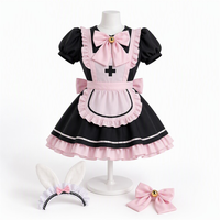Ensemble de robe de cosplay de demoiselle d'honneur Bunny Maid noir et rose, tenue de demoiselle d'honneur courte et mignonne avec manches bouffantes, tablier à volants et bandeau oreilles de lapin croisées