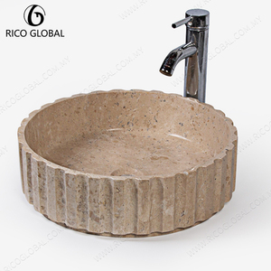 Élégant lavabo de salle de bain en travertin beige en forme de fleur, extérieur rainuré, forme circulaire, décor intemporel, matériau en marbre, fabriqué en Malaisie - Product Image 6