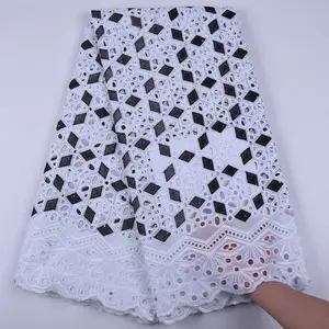 Bordado 100% tela de encaje de algodón seco con cuentas para vestido de fiesta encaje de algodón de gasa suiza de Dubái de alta calidad con piedras 1710 - Product Image 1