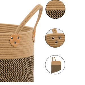 Panier de rangement rond en fil de coton avec poignées, organisateur de vêtements multifonctionnel pour le linge et le rangement des jouets - Product Image 3
