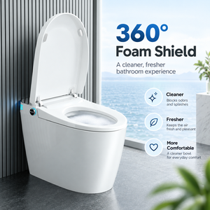 Smart Toilet Ceramic Floor Mounted Elongated Bowl Foam Shield Automatic Operation Modern Design White - Product Image 1