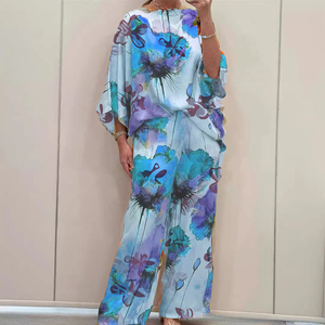 ชุดเซ็ต 2 ชิ้น แฟชั่นสำหรับผู้หญิง ลายดอกไม้ พิมพ์ลาย แขนค้างคาว ผ้าซาติน ทรงหลวม ไม่มีปก สไตล์วินเทจ รักษ์โลก กางเกงขายาว - Product Image 6