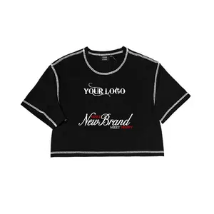 250 Gsm Katoenen T-Shirt Custom Shirts Met Logo Vrouwen Contrast Stitch Custom Crop Tshirt