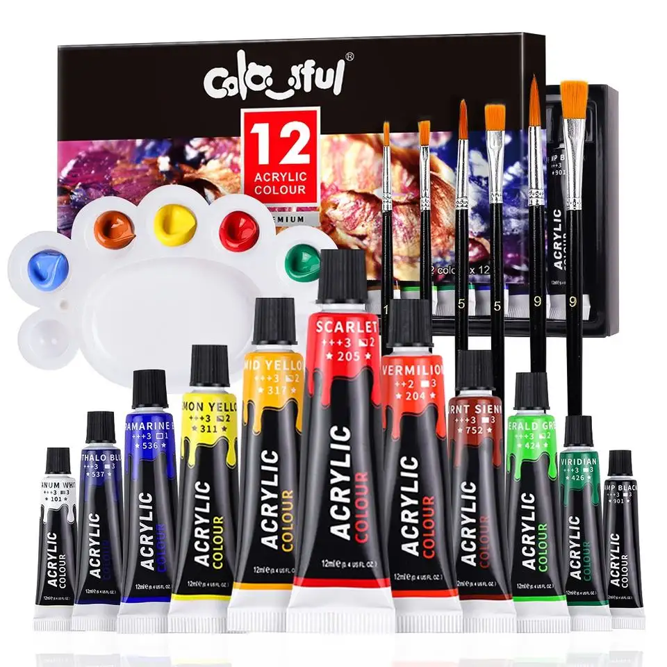 DIY Craft Acrylic Paints Set with 6 brushes ,1 palette 12 Colors Art Painting Kit for difference surface medium