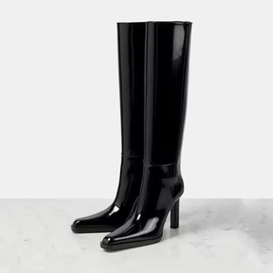Chaussures pour femmes de haute qualité, bottes longues en cuir verni, bottes au-dessus du genou, noires brillantes, bout carré, talons épais, bottes pour femmes - Product Image 1