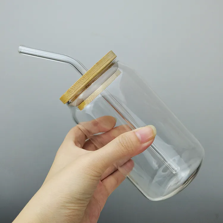 Presentes personalizados 12 oz 16 oz, subolmação refrigerante pop pode moldar copos de vidro transparente com tampa de bambu e palha